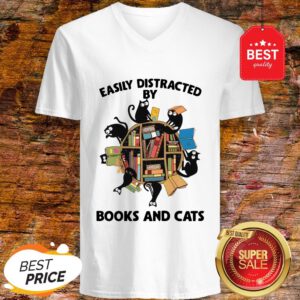 Librarian Easily Distracted By Books And Cats Black V-Neck
