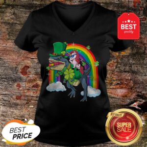 Official Unicorn Riding Dinosaur Leprechaun TRex St Patricks Day V-Neck