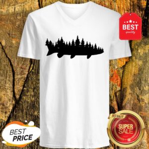 Pretty Fishing Musky Pine Forest Treeline Angler V-Neck