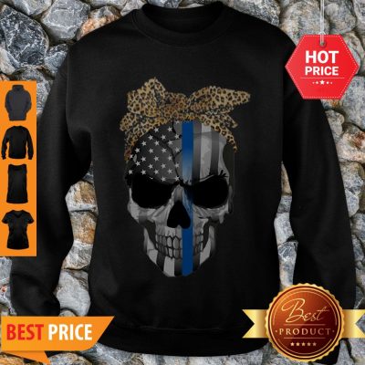 Good Thin Blue Line Skull Leopard Bow Sweatshirt