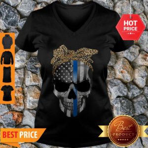 Good Thin Blue Line Skull Leopard Bow V-Neck