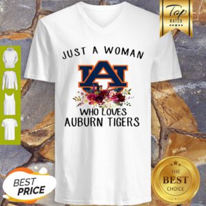 Nice Just A Woman Who Loves Auburn Tigers Logo Flowers V-Neck