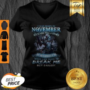 Nice Wolf Warrior I Was Born In November My Scars Tell A Story V-Neck