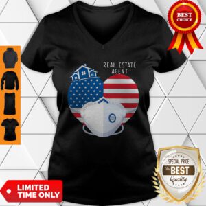 Top Heart American Flag Mask Real Estate Agent V-neck - Design By Refinetee.com