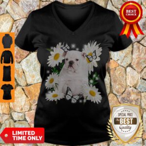 Funny White English Bulldog Daisy Flower Classic T-V-Neck