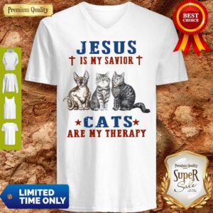 Top Jesus Is My Savior Cats Are My Therapy V-Neck