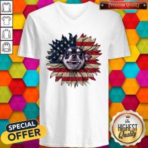 Cute Chihuahua Dog Sunflower American Flag V-neck