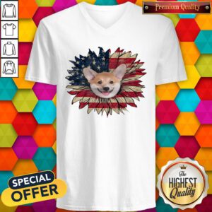 Top Corgi Dog Sunflower American Flag V-neck