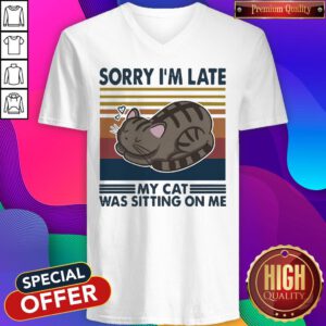 Pretty Sorry I'm Late My Cat Was Sitting On Me Cat Vintage V-neck