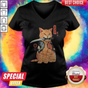 Official Cat Sitting With Katana Japanese Samurai Cat V-neck