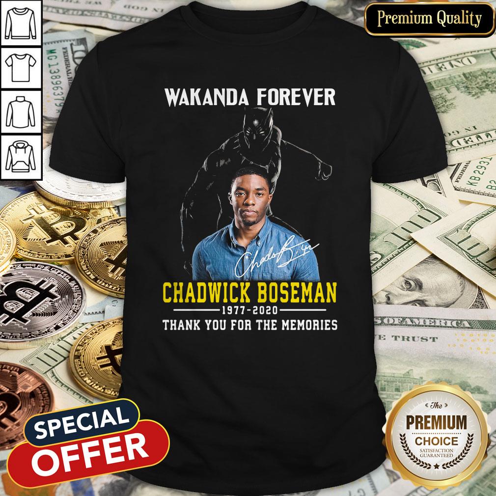 Black Panther Wakanda Forever Rip Chadwick Boseman 1977 2020 Thank You For The Memories Signature Shirt