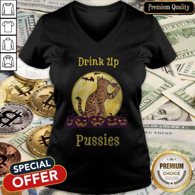 Cat Drink Up Pussies Pumpkin Halloween V-neck