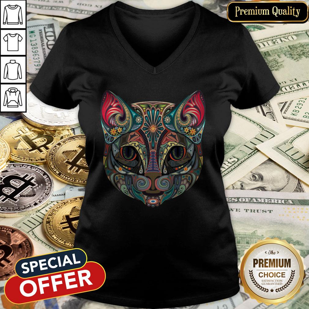Cat Sugar Skull Day Of The Dead Halloween V-neck