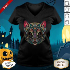 Cat Sugar Skull Dia De Los Muertos Day Dead V-neck