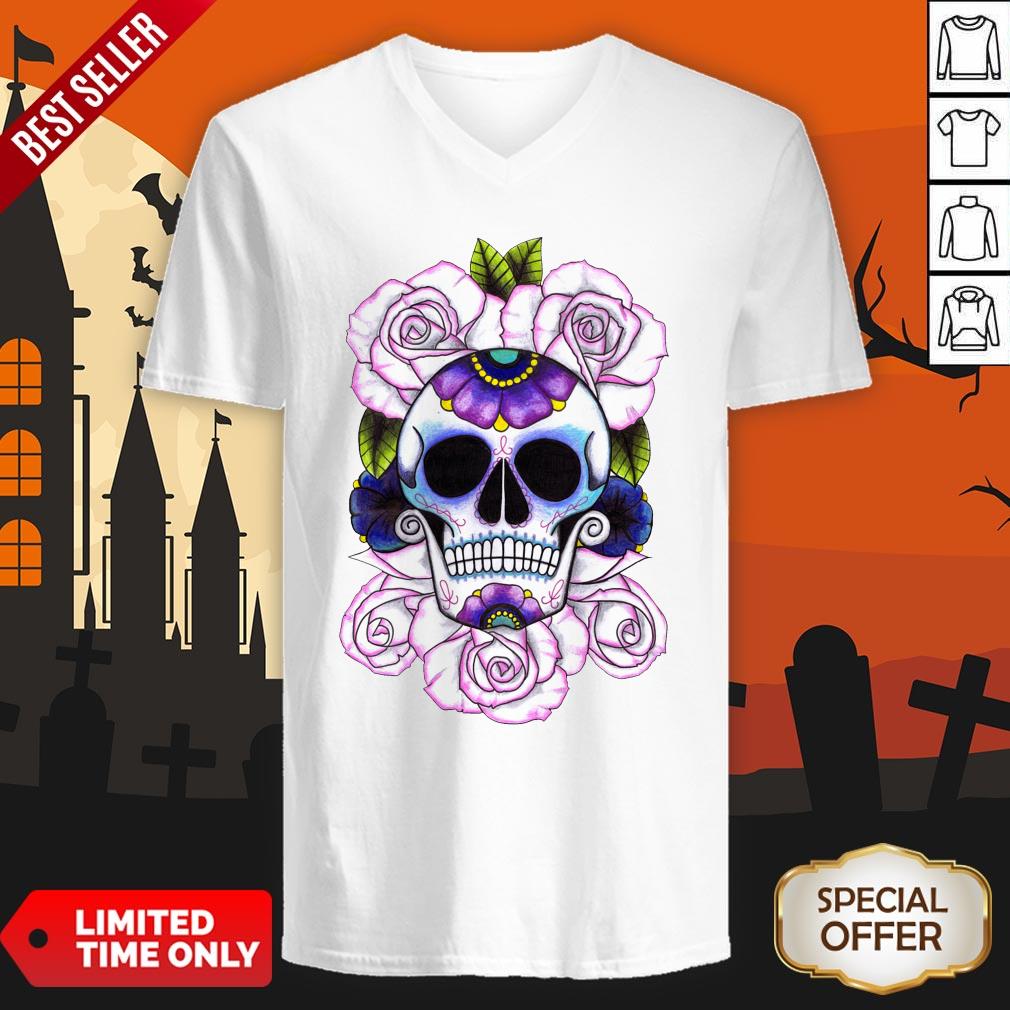 Day Of The Dead Blue And Purple Sugar Skulls V-neck