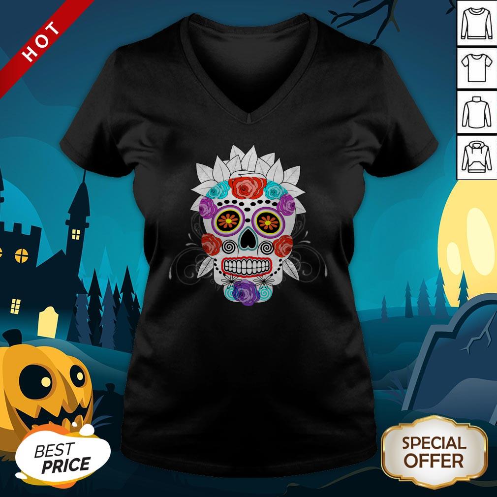 Fun Bright Trendy Sugar Skull Day Dead Muertos V-neck