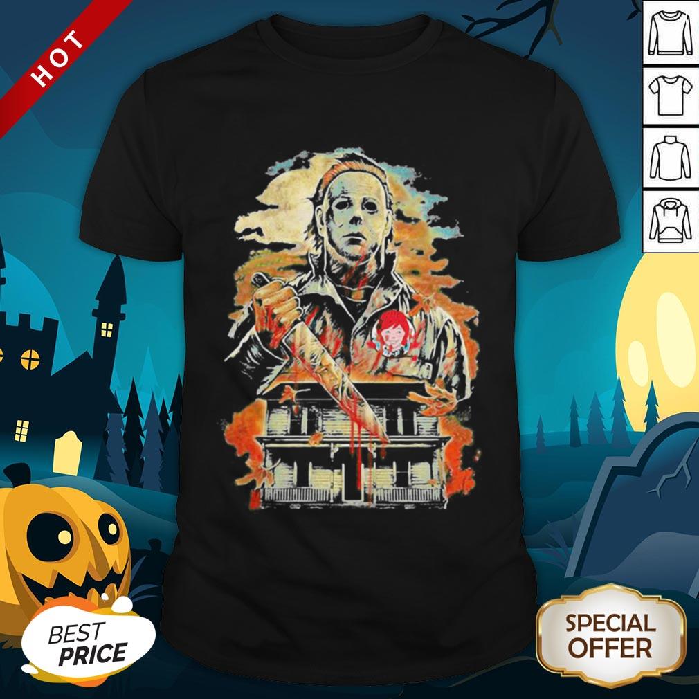Halloween Michael Myers Holding Knife Fire Wendy’s Shirt