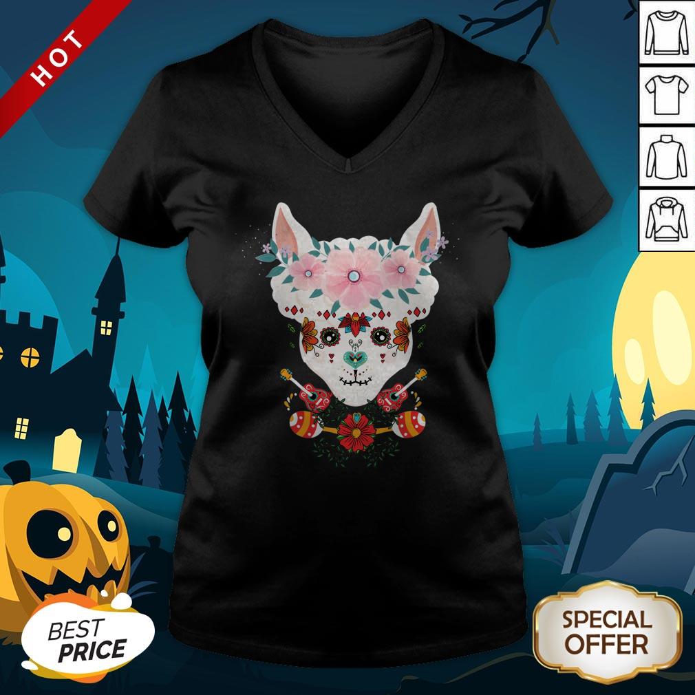 LLama Dia De Los Muertos Day Of The Dead Alpaca Calavera V-neck