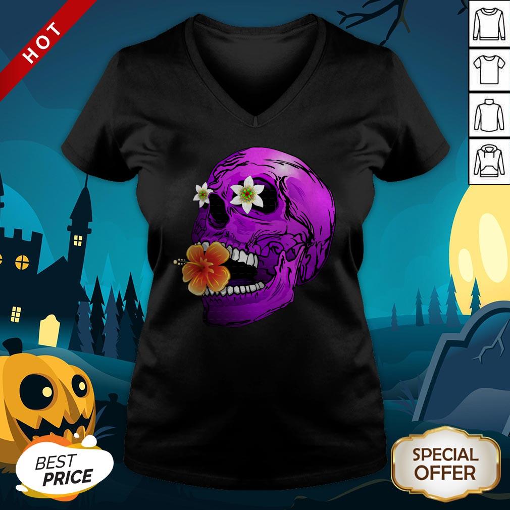 Purple Floral Sugar Skull Day Of Dead Dia De Muertos V-neck