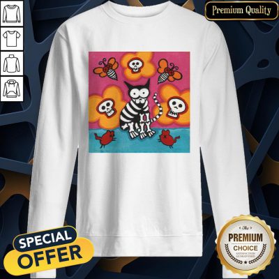 Skelly Cat With Bees Dia De Muertos Day Of Dead SweatShirt