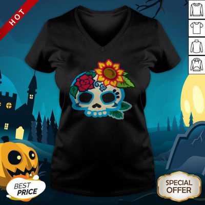 Sugar Skull Flower Day Of Dead Dia De Los Muertos V-neck