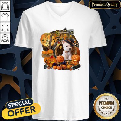 Terrier Puppy Witch Pumpkin Witch Halloween V-neck