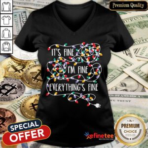 Funny It's Fine I'm Fine Everything Is Fine Christmas Lights V-neck- Design By Refinetee.com