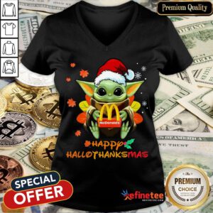 Happy Baby Yoda Hug Mcdonalds Happy Hallothanksmas V-neck- Design By Refinetee.com