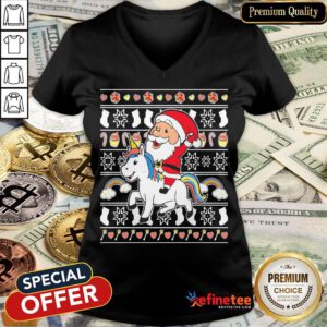 Top Santa Riding Unicorn Christmas V-neck- Design By Refinetee.com