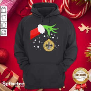 Funny The Grinch Hand Holding Ornament New Orleans Saints Christmas Sweater Hoodie -