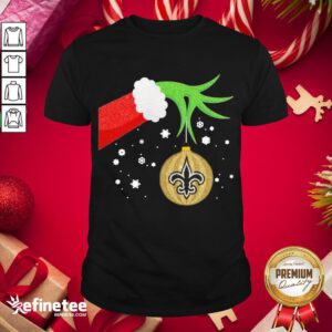 Funny The Grinch Hand Holding Ornament New Orleans Saints Christmas Sweater Shirt - Design By Refinetee.com
