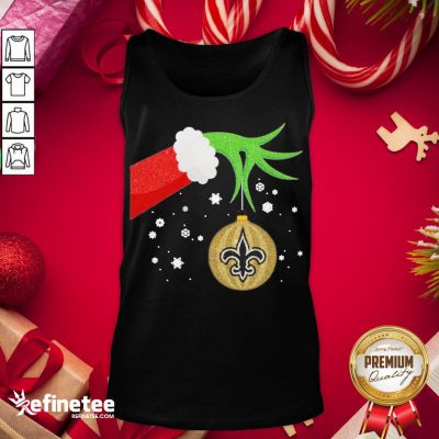 Funny The Grinch Hand Holding Ornament New Orleans Saints Christmas Sweater Tank-Top - Design By Refinetee.com