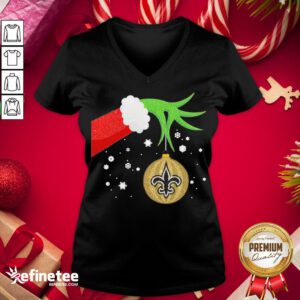 Funny The Grinch Hand Holding Ornament New Orleans Saints Christmas Sweater V-neck - Design By Refinetee.com