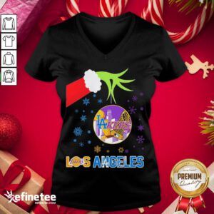 Good Grinch Hand Los Angeles Laker Holding Merry Christmas V-neck - Design By Refinetee.com