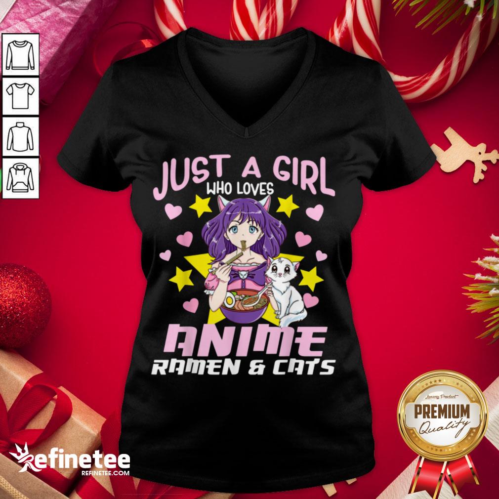 Good Just A Girl Who Loves Anime Ramen And Cats V-neck - Design By Refinetee.com Good Just A Girl Who Loves Anime Ramen And Cats V-neck - Design By Refinetee.com