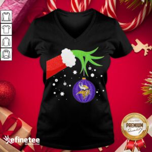 Good The Grinch Hand Holding Ornament Minnesota Vikings Christmas Sweater V-neck - Design By Refinetee.com