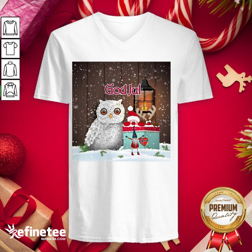 Happy Cute Owl Nisse God Jul Merry Christmas V-neck - Design By Refinetee.com Happy Cute Owl Nisse God Jul Merry Christmas V-neck - Design By Refinetee.com