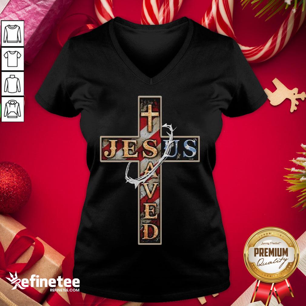 Happy Jesus Save Us Cross American Flag V-neck - Design By Refinetee.com Happy Jesus Save Us Cross American Flag V-neck - Design By Refinetee.com