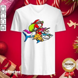 Happy Santa Claus Riding A Unicorn And A Shark Christmas Gift V-neck - Design By Refinetee.com