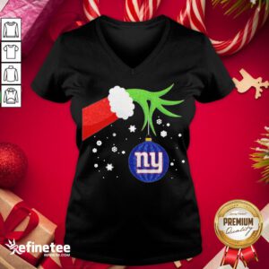 Hot The Grinch Hand Holding Ornament New York Giants Christmas Sweater V-neck - Design By Refinetee.com