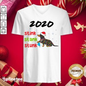 Nice Santa Dachshund Holding Mask 2020 Stink Stank Stunk Merry Christmas V-neck - Design By Refinetee.com