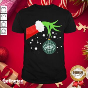 Perfect The Grinch Hand Holding Ornament New York Jets Christmas Sweater Shirt - Design By Refinetee.com