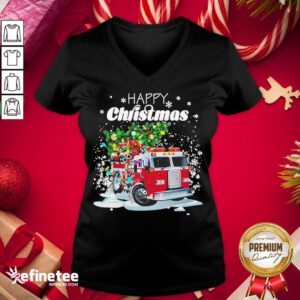 Top Firefighter Christmas Tree On Truck Fire Xmas Holiday V-neck - Design By Refinetee.com
