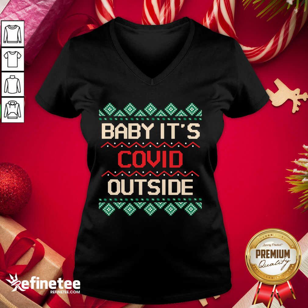 Cool Baby its Covid Outside Christmas Santa V-neck - Design By Refinetee.com Baby its Covid Outside Christmas Santa V-neck - Design By Refinetee.com