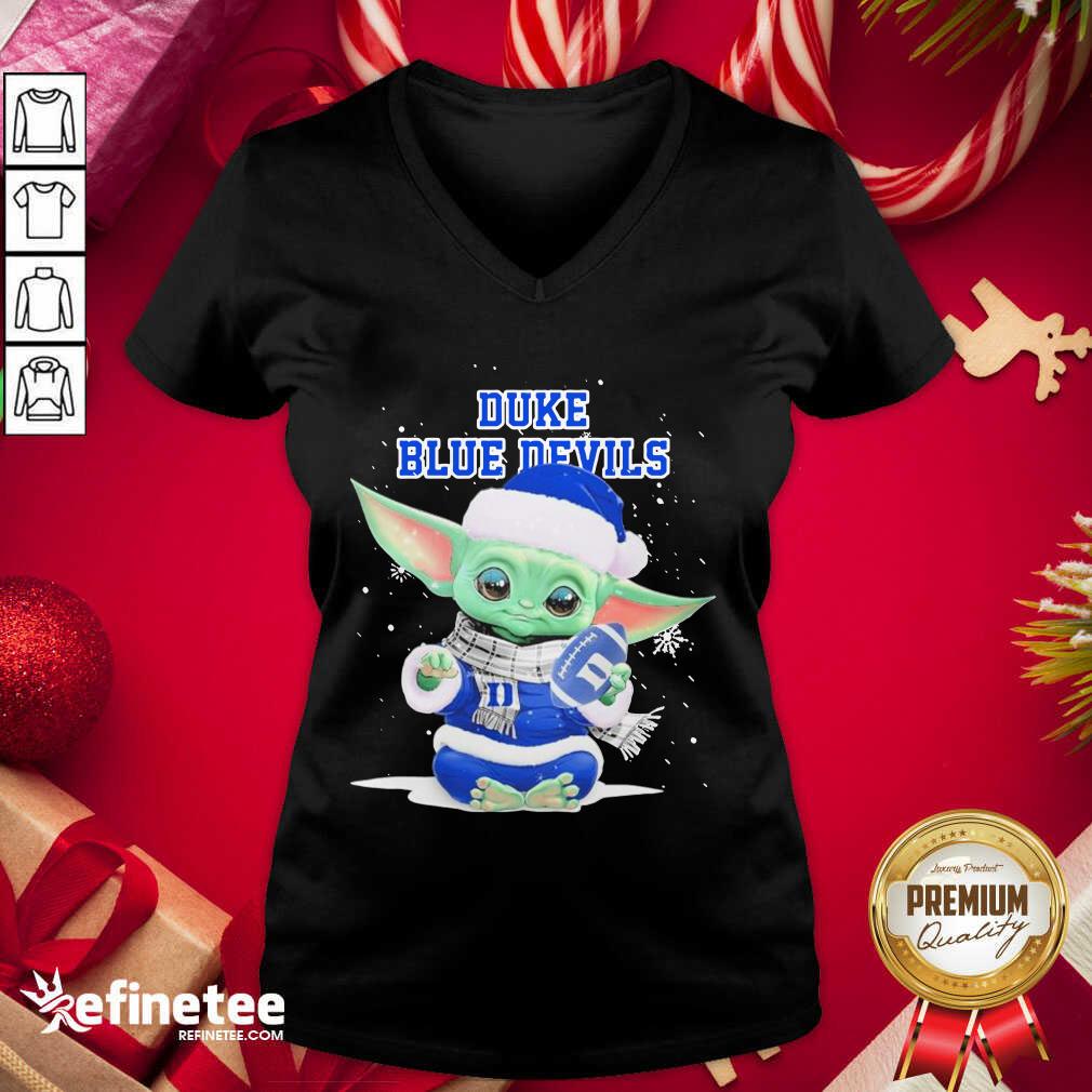 Cute Baby Yoda Play Rugby Duke Blue Devils Merry Christmas V-neck - Design By Refinetee.com