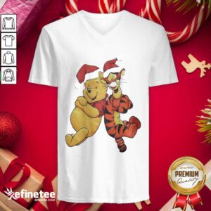 Cute Pooh And Tiger Hat Santa Happy Merry Christmas V-neck - Design By Refinetee.com