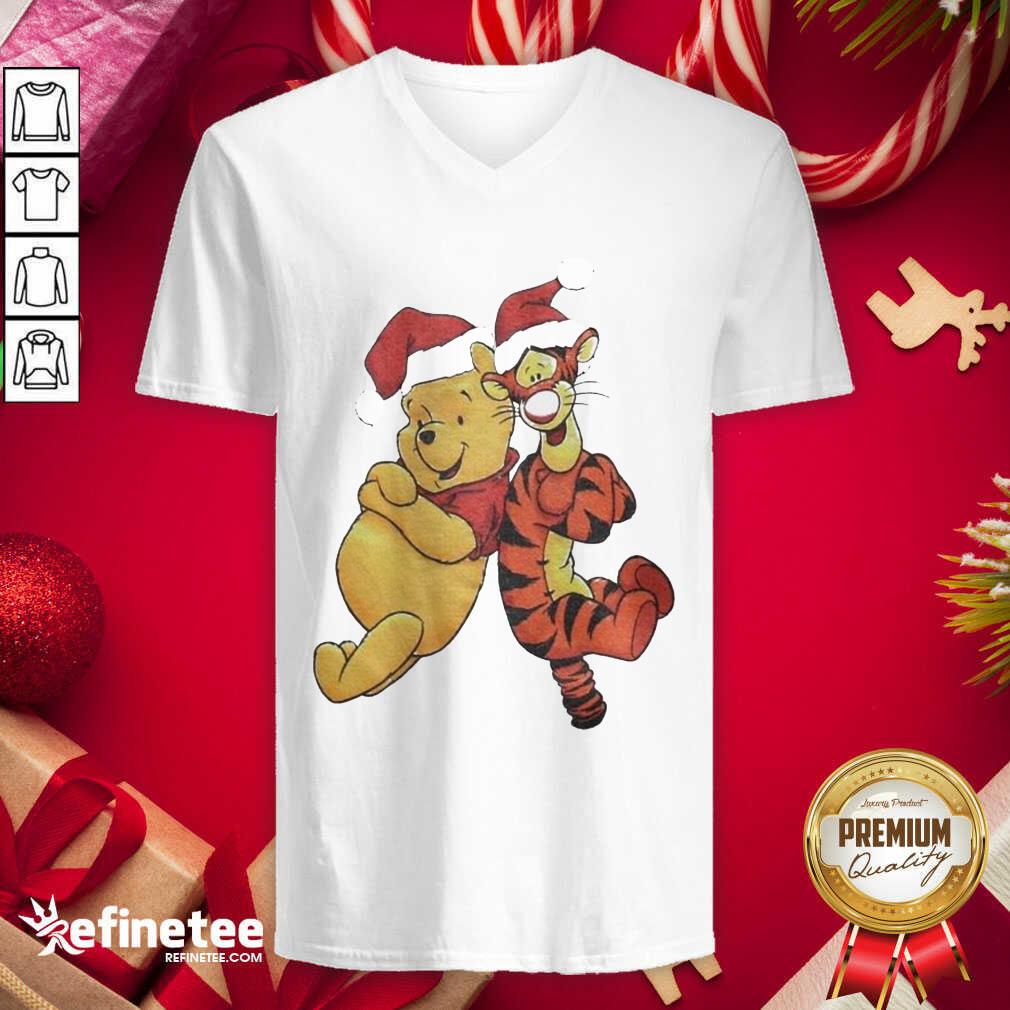 Cute Pooh And Tiger Hat Santa Happy Merry Christmas V-neck - Design By Refinetee.com Pooh And Tiger Hat Santa Happy Merry Christmas V-neck - Design By Refinetee.com