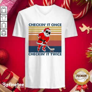 Excellent Santa Claus Play Hockey Checking It Once Checking It Twice Vintage Retro V-neck - Design By Refinetee.com