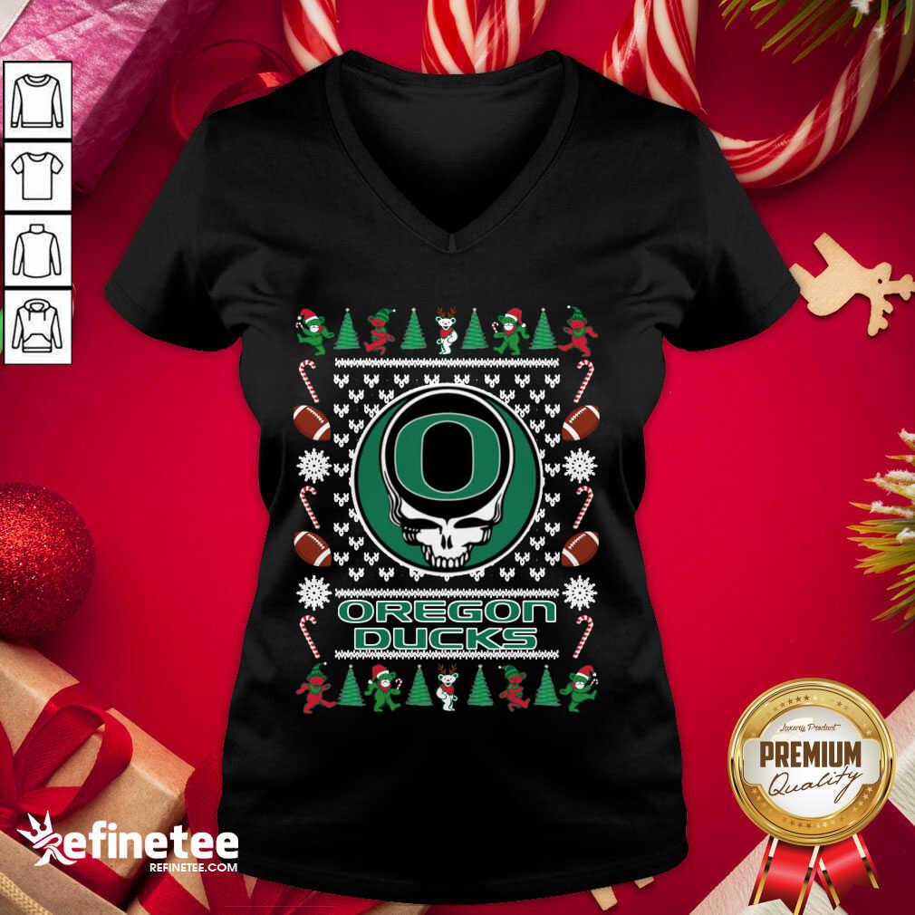 Funny Oregon Ducks Grateful Dead Ugly Christmas V-neck - Design By Refinetee.com Oregon Ducks Grateful Dead Ugly Christmas V-neck - Design By Refinetee.com