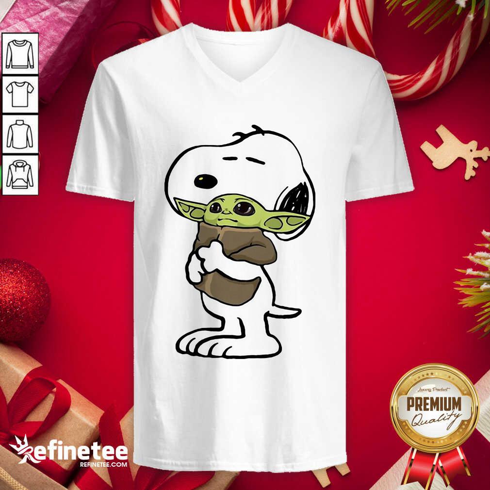 Great Snoopy Hug Baby Yoda V-neck - Design By Refinetee.com Snoopy Hug Baby Yoda V-neck - Design By Refinetee.com
